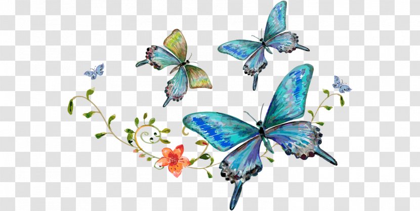 Cartoon Flowers Hand-painted Watercolor Blue Butterfly - Frame - Silhouette Transparent PNG