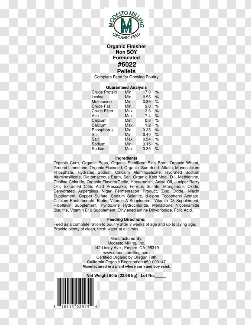 Modesto Milling Poultry Feed Meat Farming - Text - Organic Label Transparent PNG