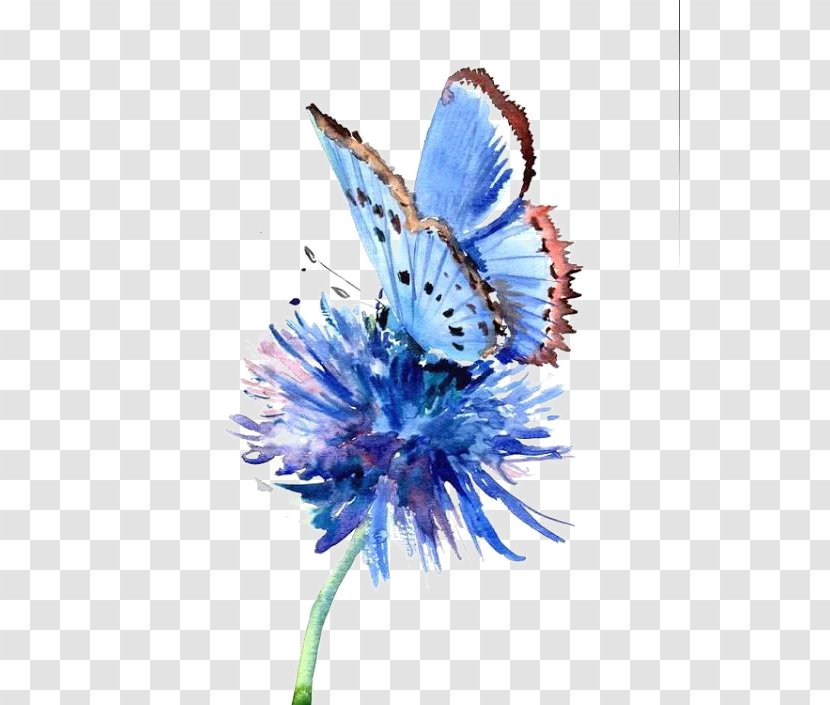 Butterfly Painting Blue Flower Drawing - Hand-painted Background Transparent PNG