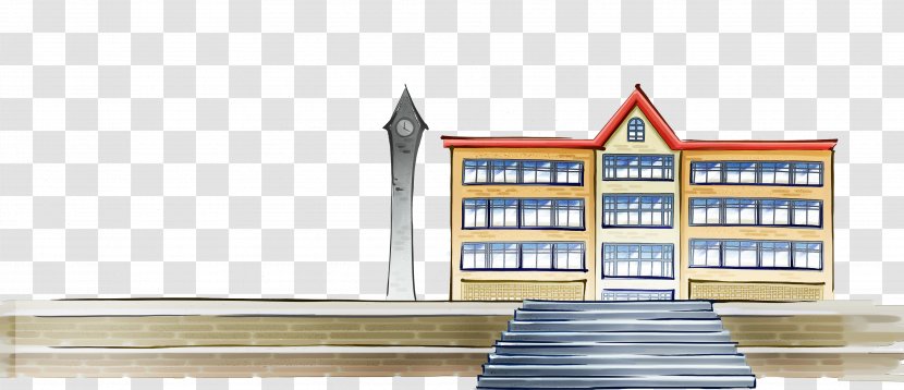 Student Estudante Cartoon Illustration - Facade - Retro Style Building Painted Stairs Transparent PNG