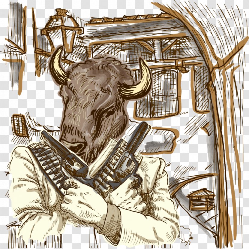 Drawing Line Art Photography Illustration - Gunfighter - Vector Cow With A Gun Transparent PNG
