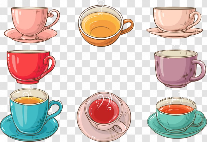 Teacup Coffee Saucer - Dinnerware Set - Vector Colored Cup Of Black Tea Transparent PNG