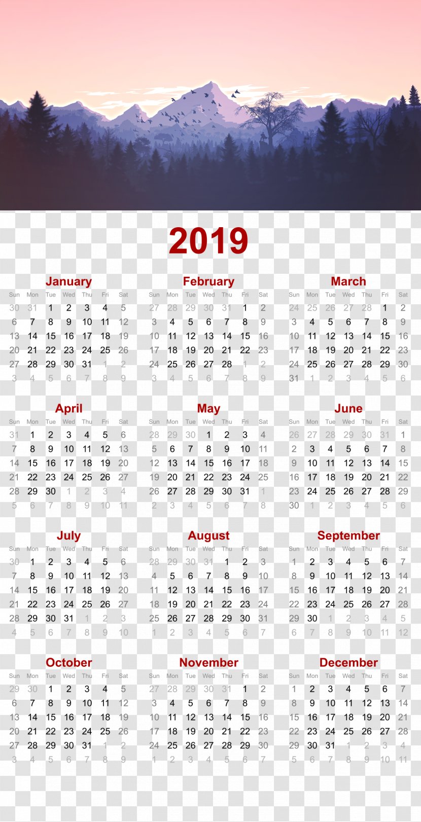2019 Printable Calendar - Year - Mountain Nature Design.pOthers Transparent PNG