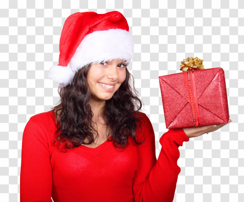 Santa Claus Gift Christmas - Cartoon - Smiling Woman In Red Hat With Box Transparent PNG