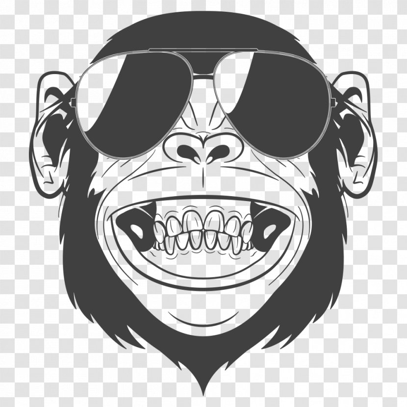 Chimpanzee Monkey Headphones Clip Art - Monochrome - Laughing Orangutan Transparent PNG