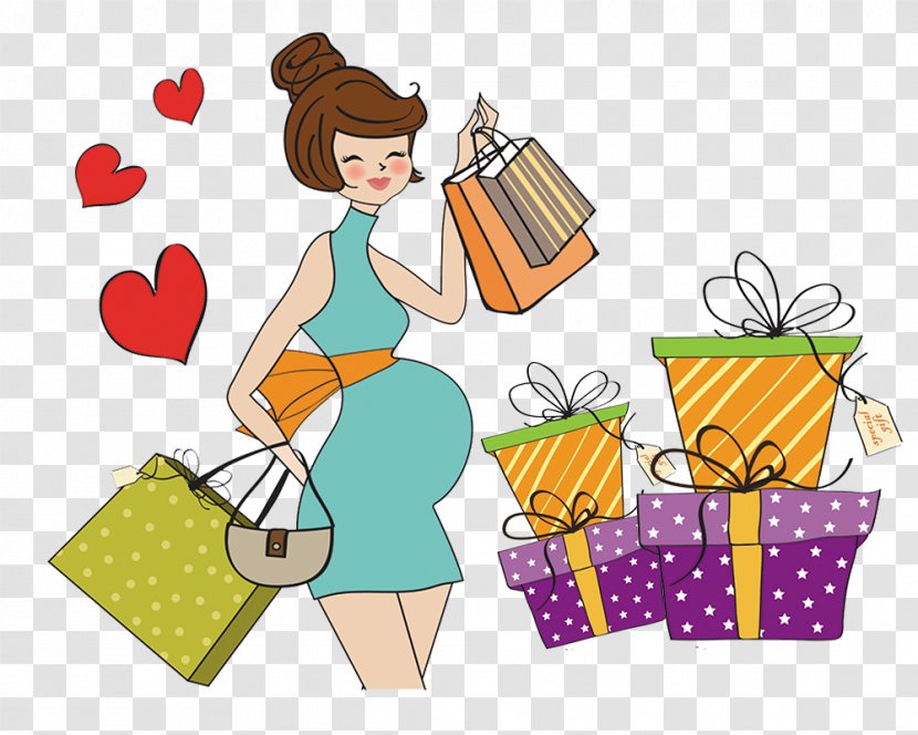 Pregnancy Cartoon Drawing Photography - Food - Beautiful Hand-painted Pregnant Woman Shopping Transparent PNG