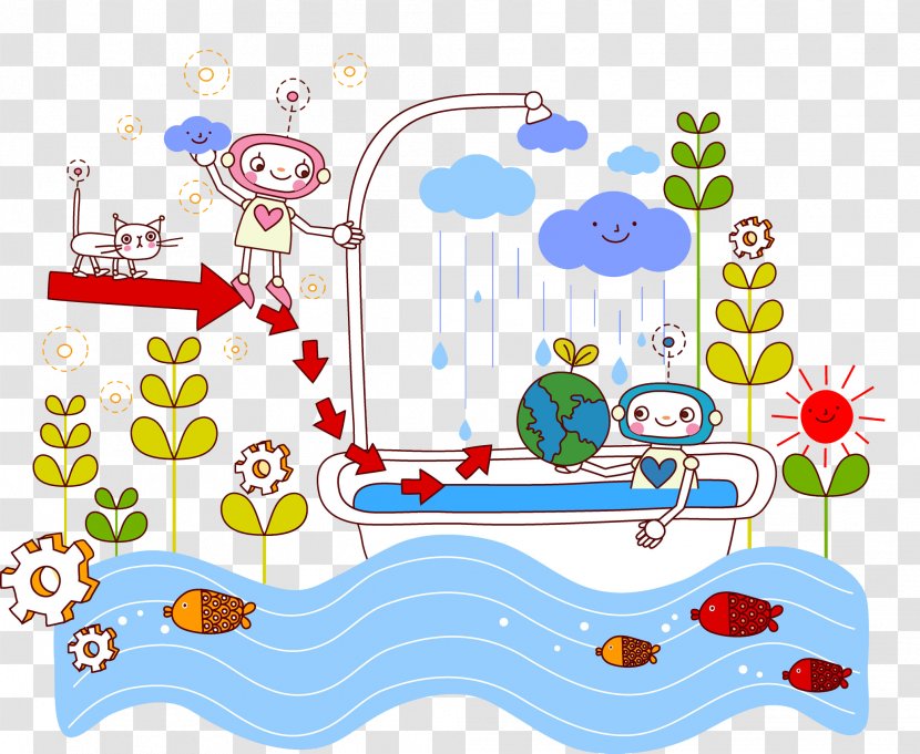 Robot Illustration - Area - Robots With Globes In The Bathtub Transparent PNG