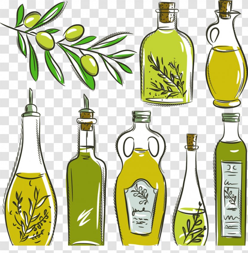 Olive Oil Bottle - Hand-drawn Elements Of Olives Transparent PNG