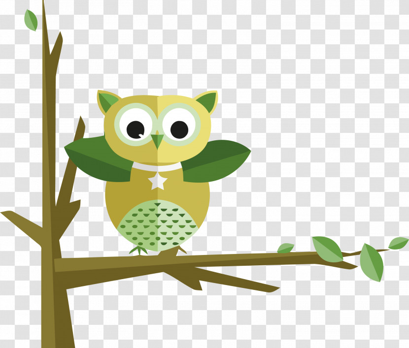Owl Green Branch Cartoon Bird Transparent PNG