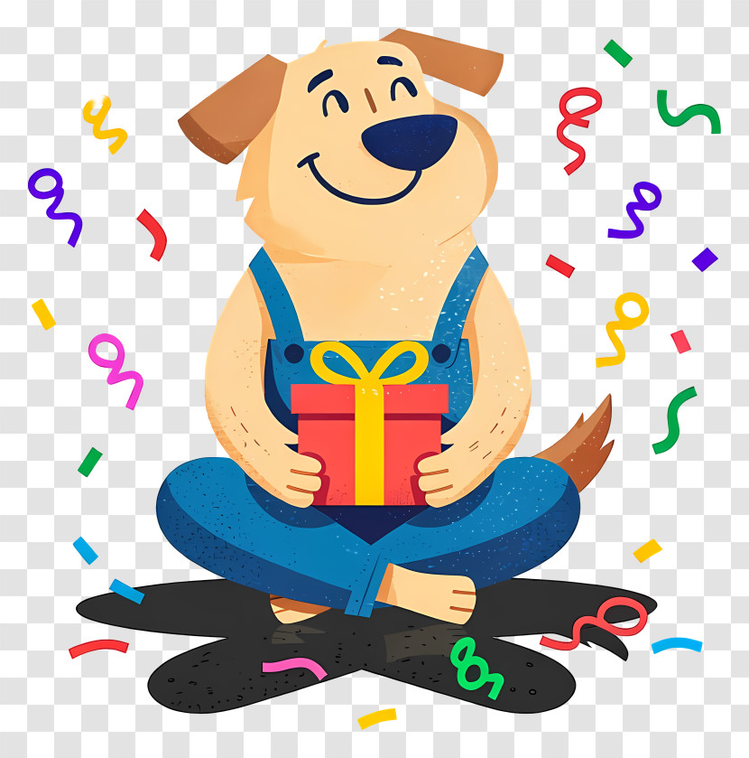 Dog Celebrating With Gift And Confetti Transparent PNG