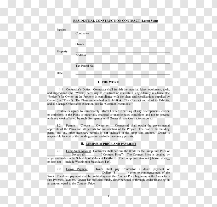 Construction Contract Form Architectural Engineering Template - Document Transparent PNG