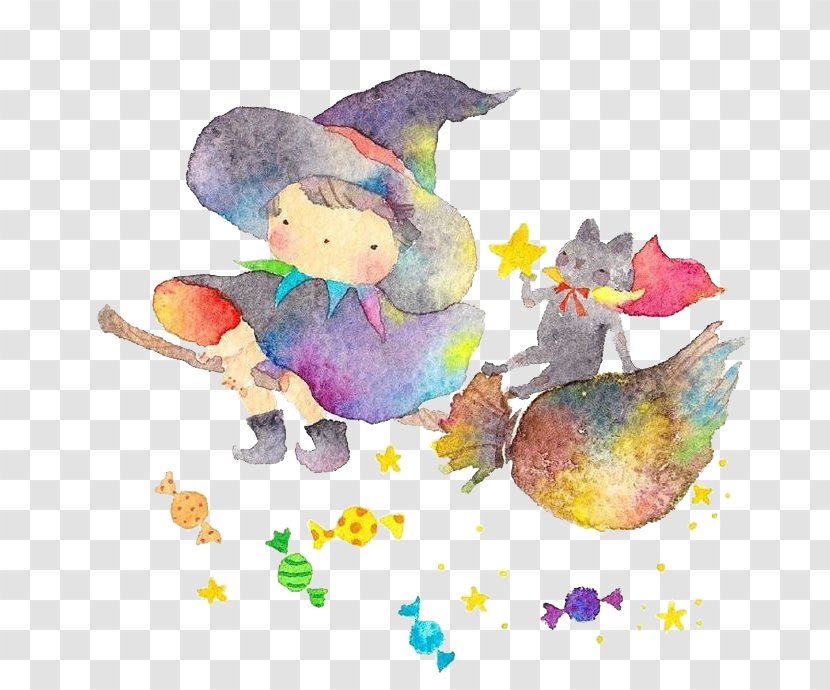 Watercolor Painting Boszorkxe1ny Illustration - Witchcraft - Flying Little Witch Transparent PNG