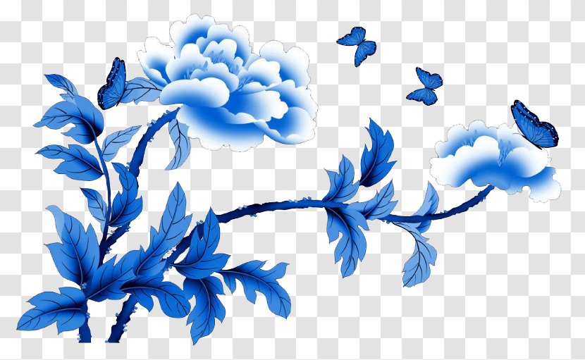 Jingdezhen Blue And White Pottery Motif Clip Art - Floral Design - Peony Transparent PNG
