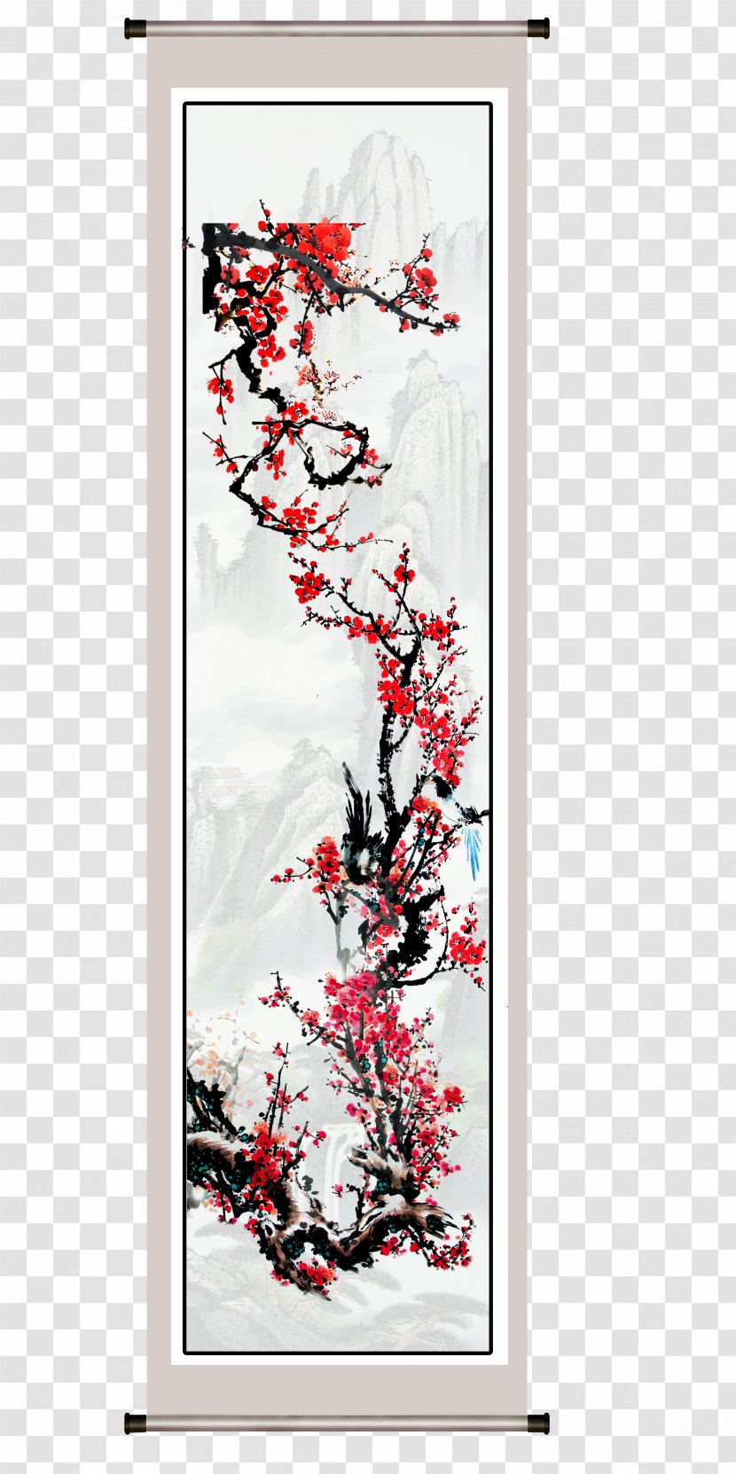 Ink Wash Painting Plum Blossom Hanging Scroll - Floral Design Transparent PNG