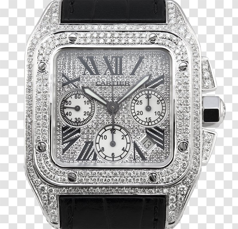 Cartier Santos 100 Watch Chronograph Diamond - Silver Transparent PNG