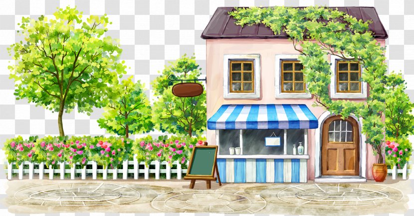Coffee Cafe Cartoon Drawing Illustration - Upload - Housing And Small Blackboard Transparent PNG