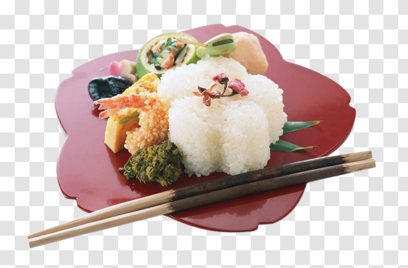 Japanese Cuisine Sushi Bento Chinese - Japan - Chopsticks And Rice Dishes Inside The Red Pickles Transparent PNG