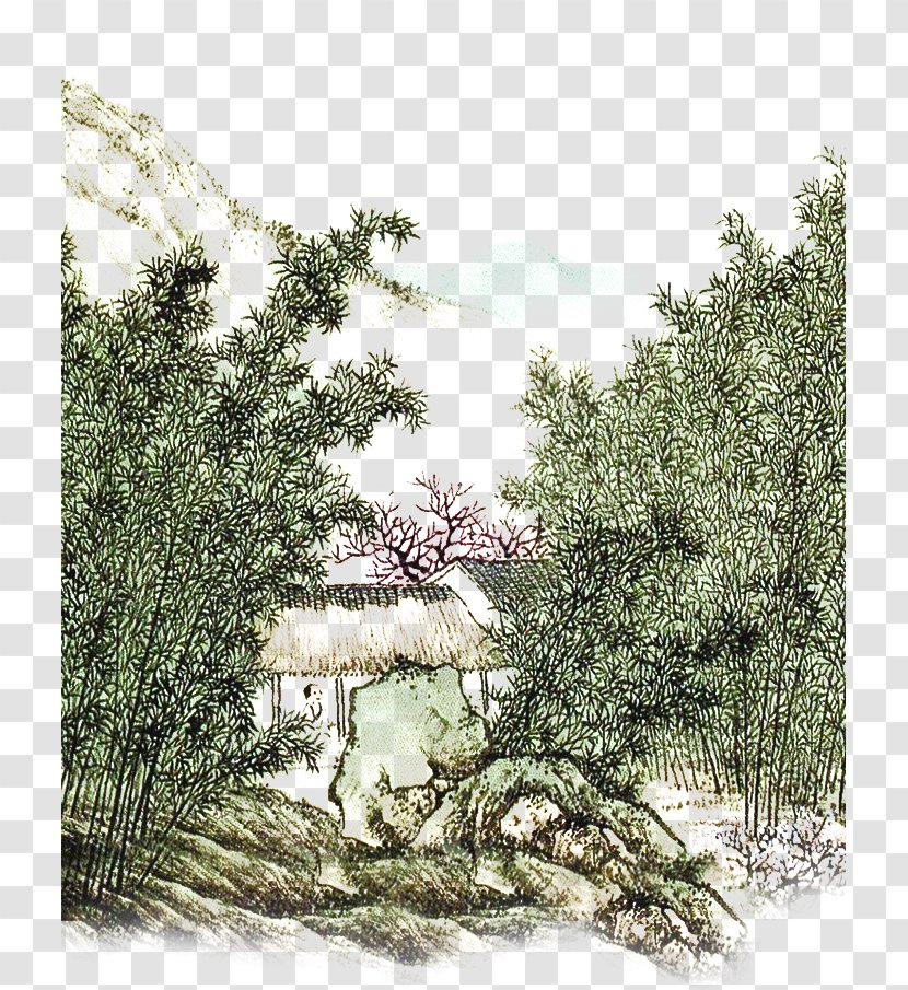 Ink Wash Painting Landscape - Bamboo Hand Painted Transparent PNG