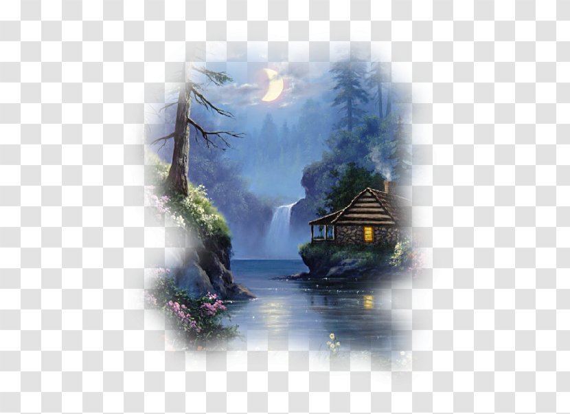 Painting Moonlight Over The Lake Log Cabin - Watercolor Transparent PNG