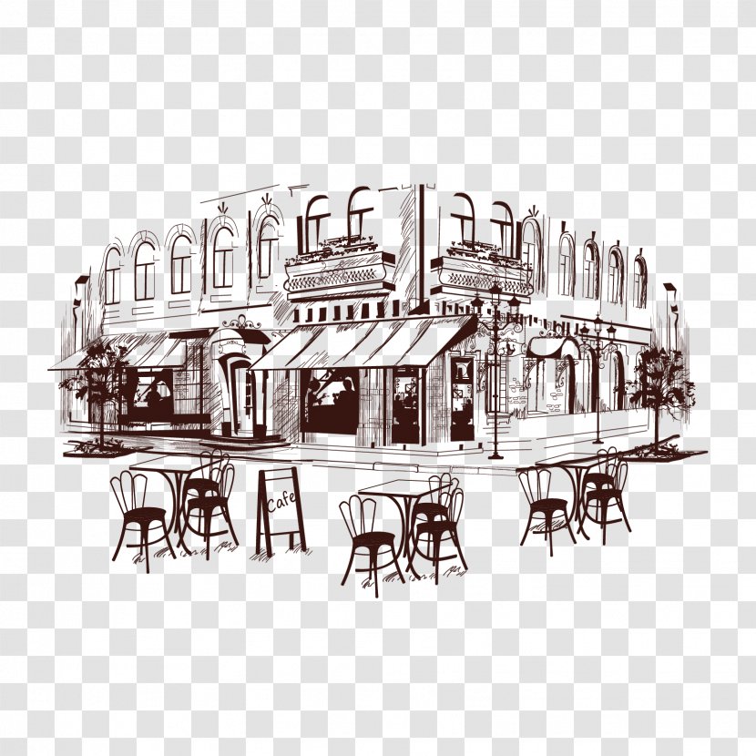 Coffee Cafe Drawing Illustration - Monochrome - Town Transparent PNG