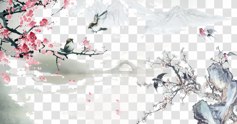 Chinoiserie Shan Shui Wallpaper - Mural - Chinese Ink Painting Transparent PNG