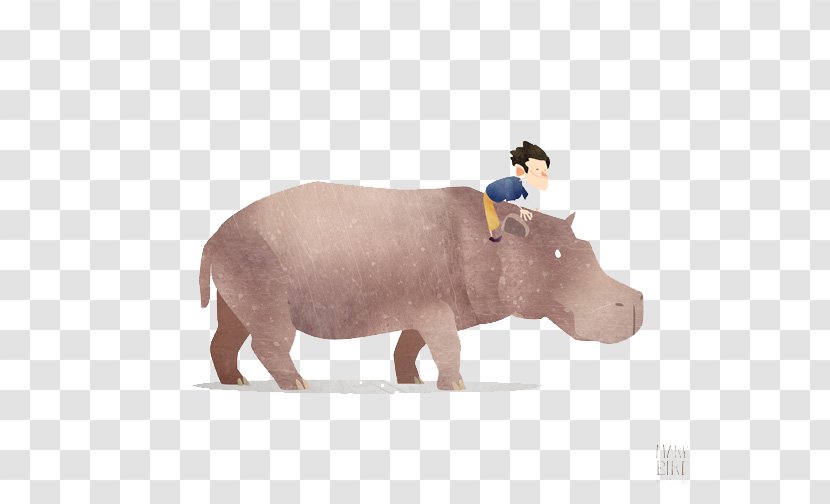 Hippopotamus Rhinoceros Paper Printing Illustration - Cattle Like Mammal - Boy Riding A Rhino Transparent PNG