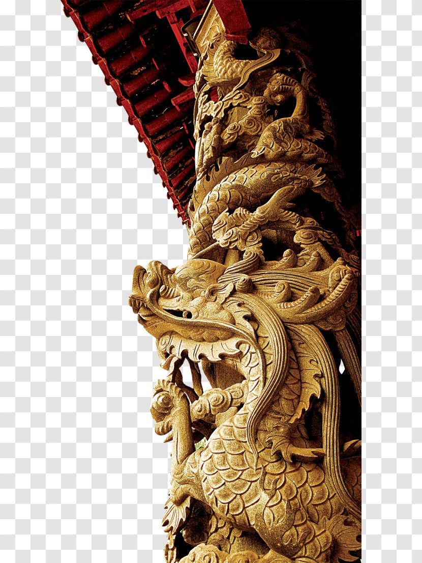 Column 3D Computer Graphics Icon - Mythology - Chinese Traditional Building Stone Pillar Carved Dragon Pattern Transparent PNG