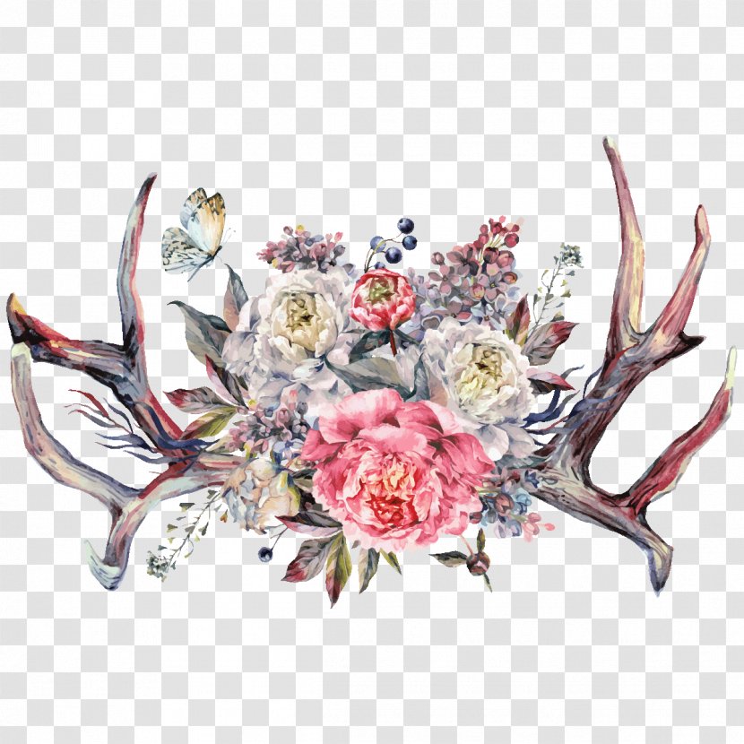 Floral Design Peony Antler Watercolor Painting Drawing Transparent PNG
