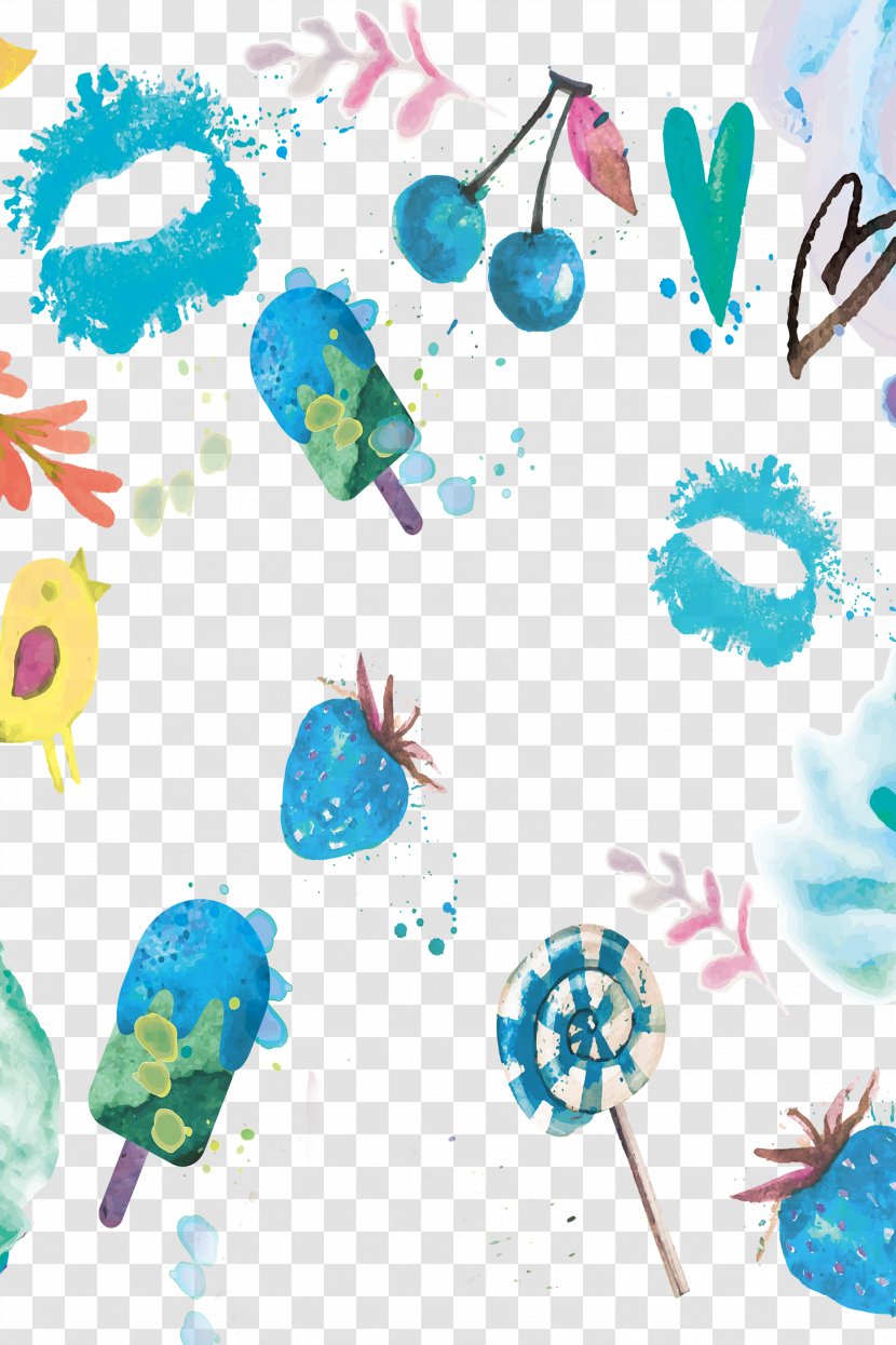 Watercolor Painting Summer - Child Art - Blue Hand Painted Puddle Fruit Candy Background Transparent PNG