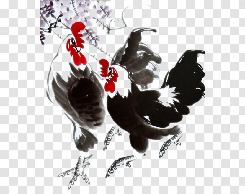 Chicken Rooster Ink Wash Painting Chinese Gongbi - Zodiac - Two Luhua Transparent PNG
