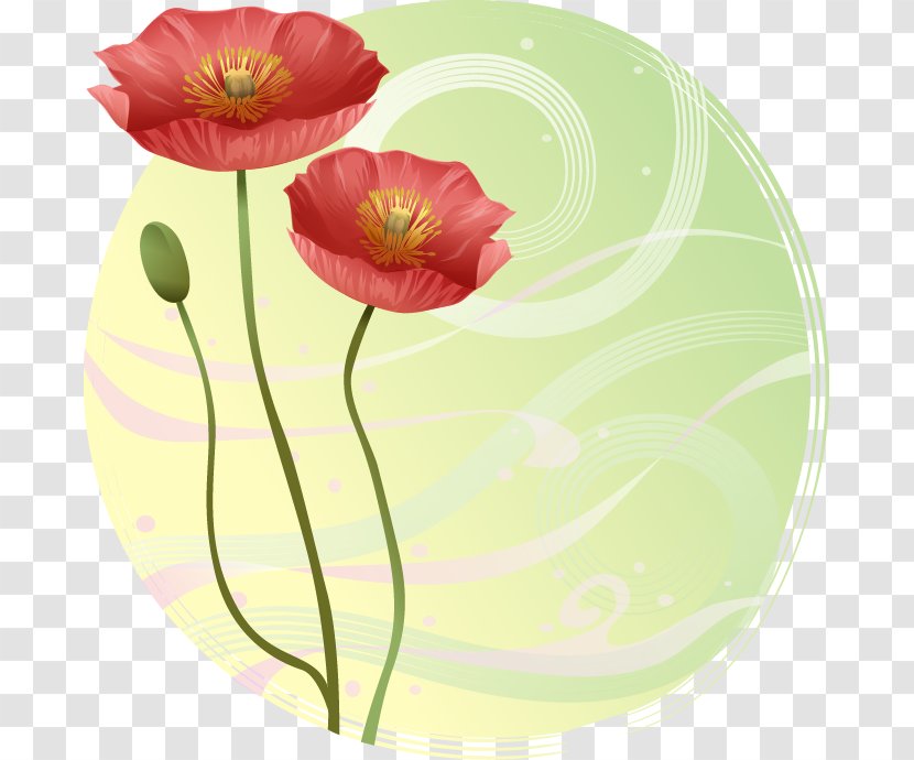 Opium Poppy Flower Clip Art - Painted Green Background Fantasy Red Flowers Transparent PNG
