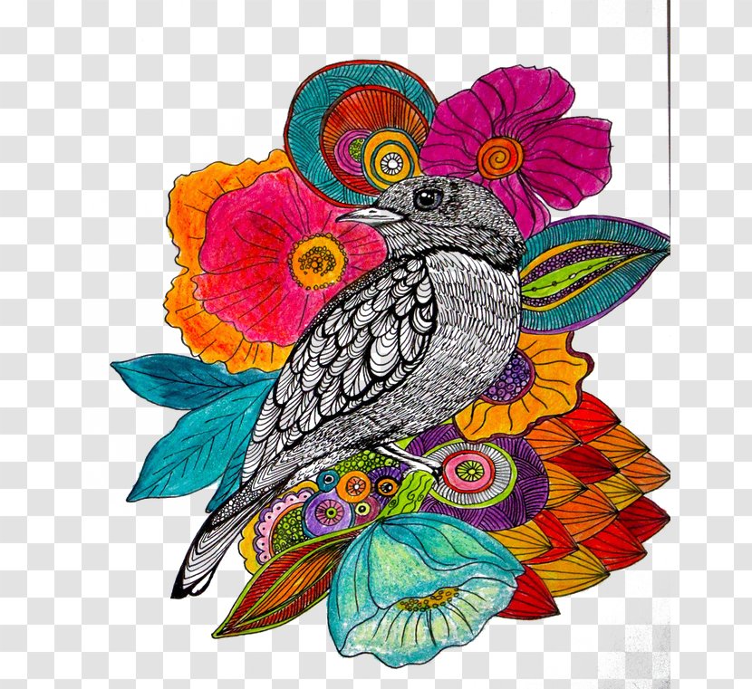 Drawing Color Pen Painting Illustration - Textile - Painted Flowers And Birds Transparent PNG
