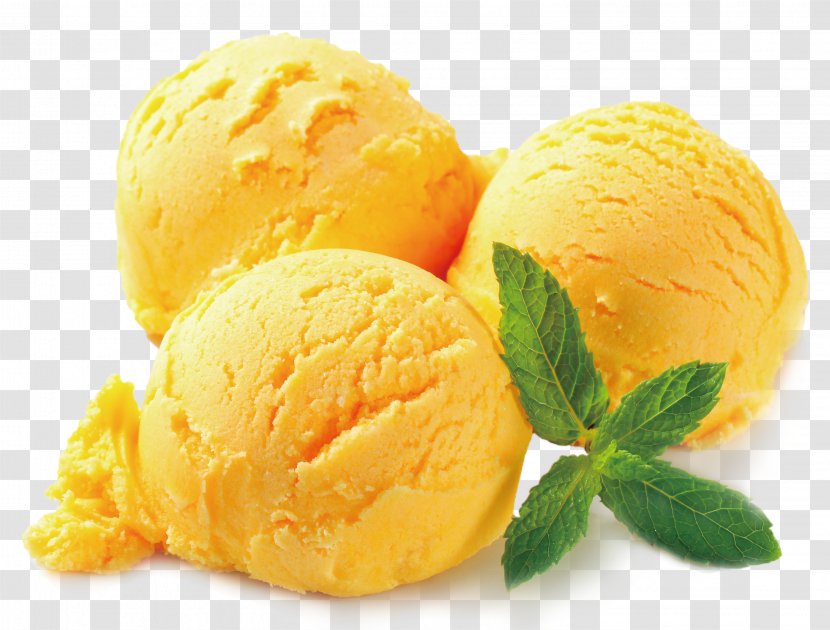 Ice Cream Smoothie Gelato Sorbet - Fruit - Yellow Mango Ball Mint Leaves Transparent PNG