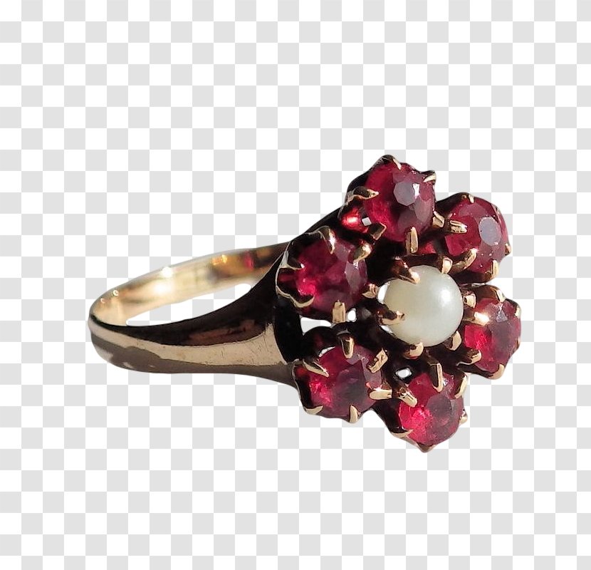 Ruby Ring Estate Jewelry Pearl Garnet - Diamond - Bohemia F;ower Transparent PNG