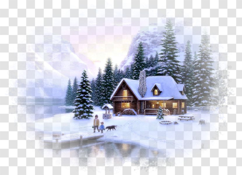 Desktop Wallpaper Log Cabin Painting - Fir - Fantasy Winter Background Transparent PNG