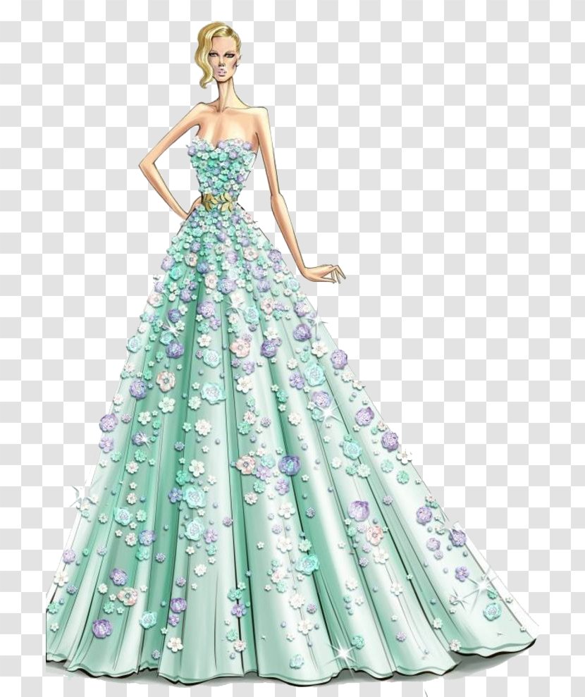 Fashion Illustration Haute Couture Designer - Aqua - Beautiful Hand-painted Flowers Dress Transparent PNG