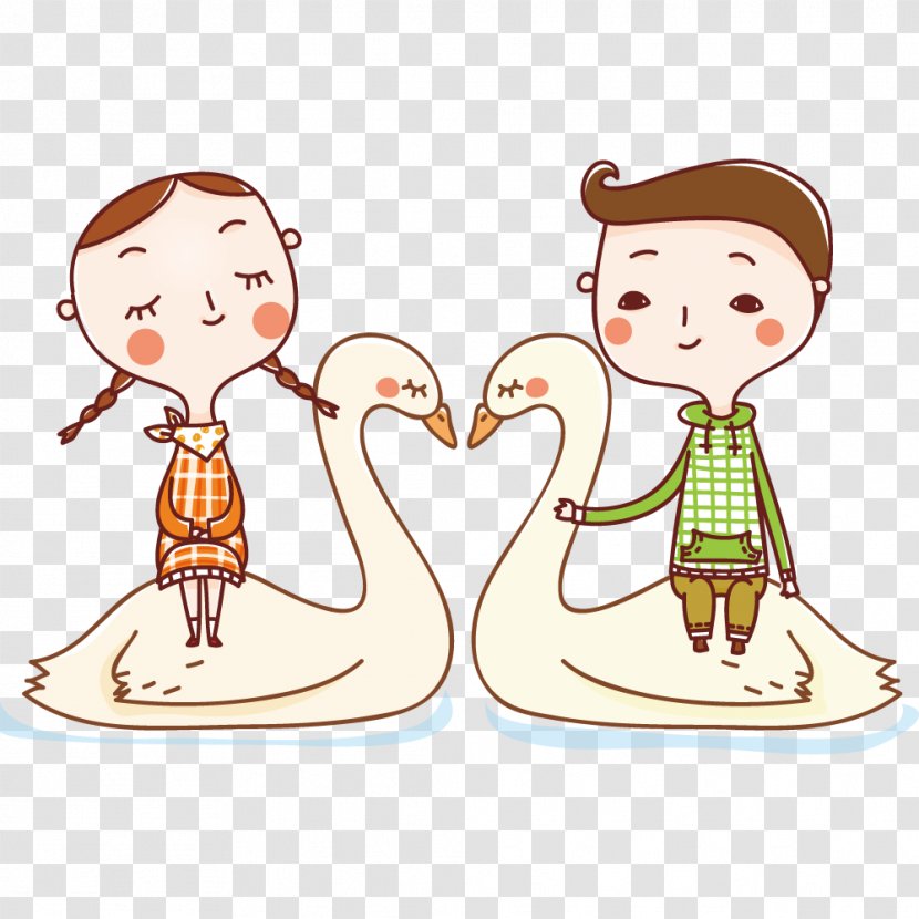 Cartoon Love Drawing - Heart - Couple Sitting On A Swan Transparent PNG