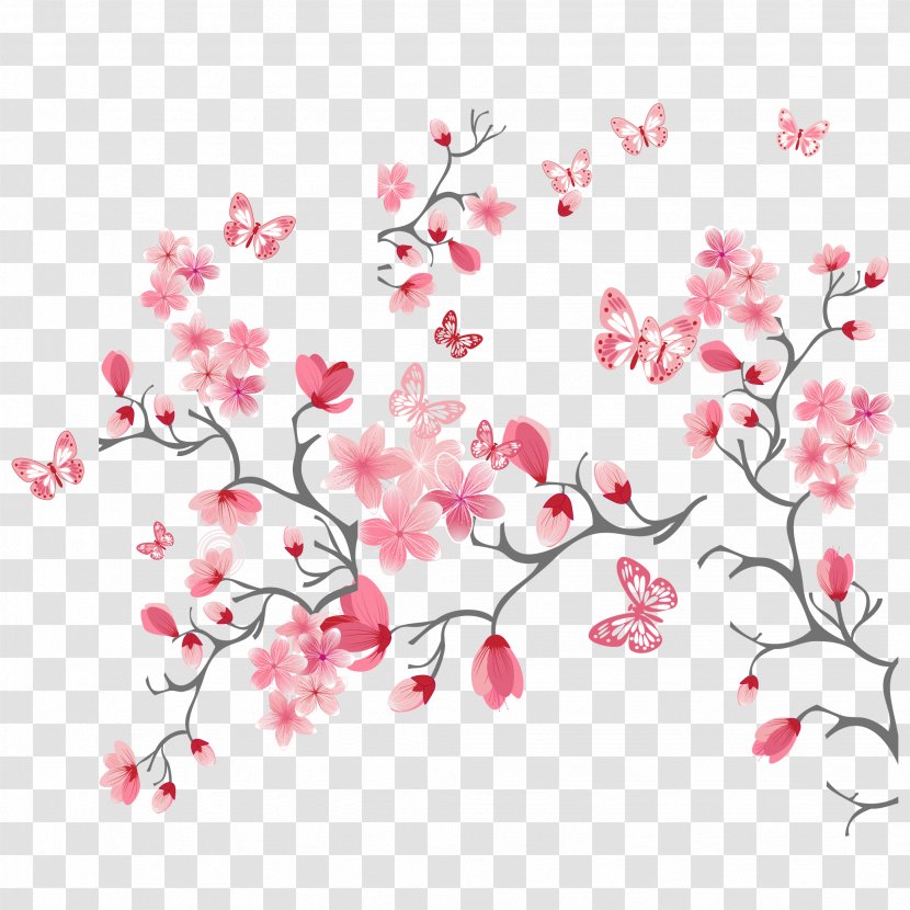 Cherry Blossom Flower Pink - Stencil - And Peach Bud Vector Material Transparent PNG