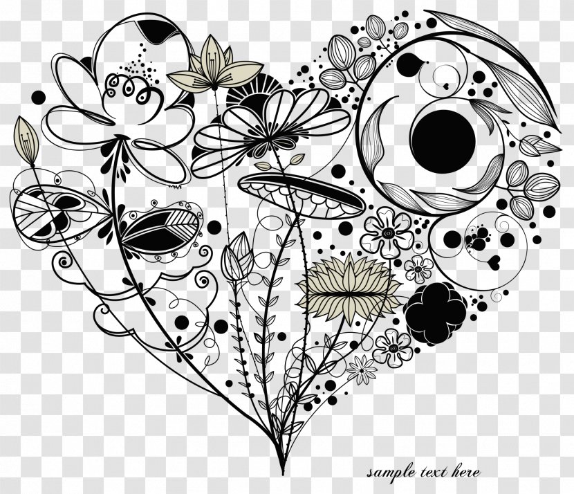 Heart Love Romance Drawing - Cartoon - Black Heart-shaped Floral Pattern Vector Transparent PNG