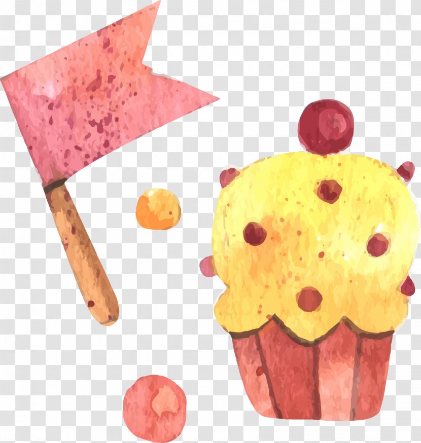 Ice Cream Lollipop Cupcake Watercolor Painting - Food - Cake With Flag In Hand Transparent PNG
