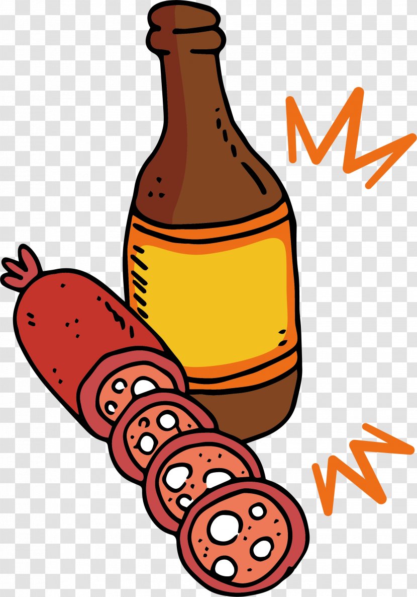 Sausage Beer Bratwurst Hot Dog Clip Art - Glass Bottle - Baked Poster Transparent PNG