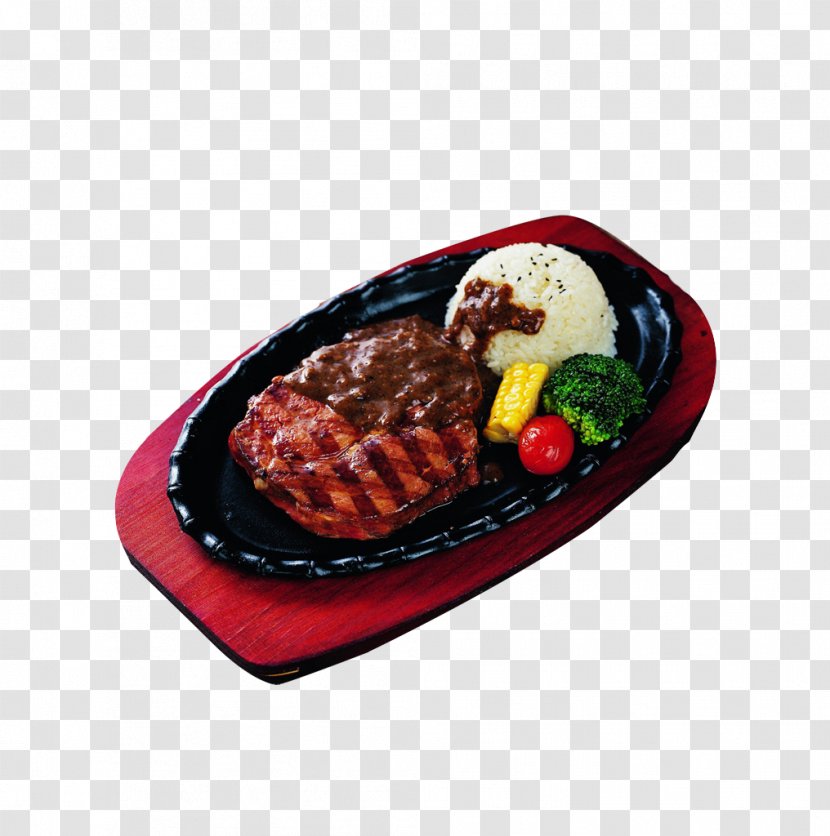 Beefsteak European Cuisine Food - Pork Steak - Black Rubber Broccoli Rice Transparent PNG