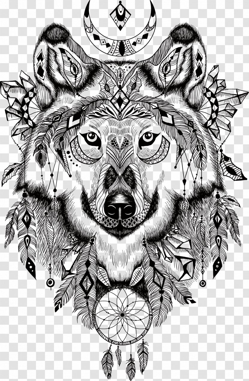 Gray Wolf T-shirt Aztec Illustration - Carnivoran - Totem Transparent PNG