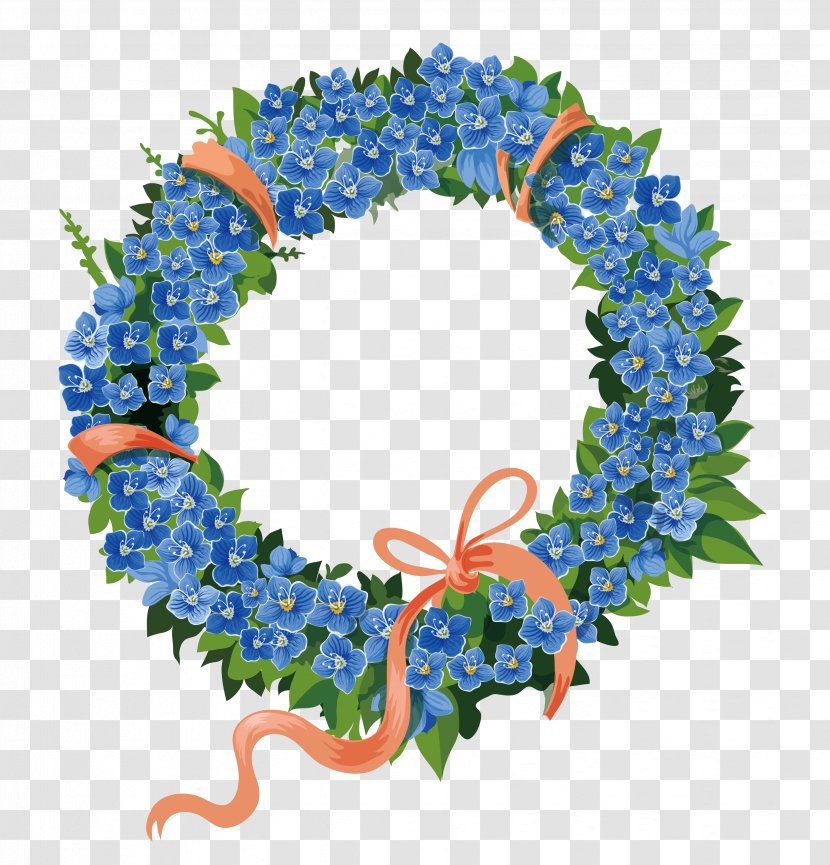 Illustration - Floral Design - Fresh Blue Flowers Green Leaves Wreath Transparent PNG