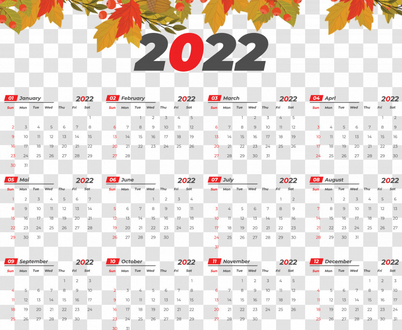 2022 Printable Yearly Calendar 2022 Calendar Transparent PNG