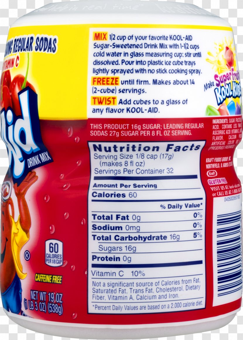 Kool-Aid Drink Mix Fizzy Drinks Nutrition Facts Label LUNA Bar - Koolaid - Sugar Transparent PNG