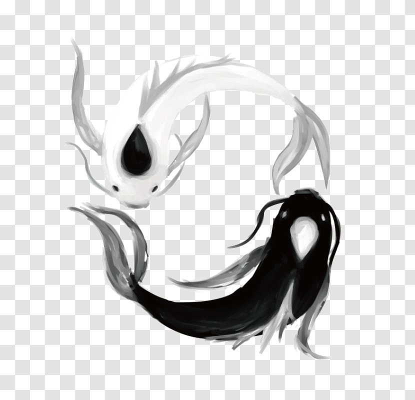 Koi Yin And Yang Tattoo Black White Idea - Fish Transparent PNG