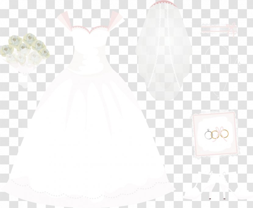 Wedding Dress White Gown - Vector Hand-painted Veil And Rings Transparent PNG