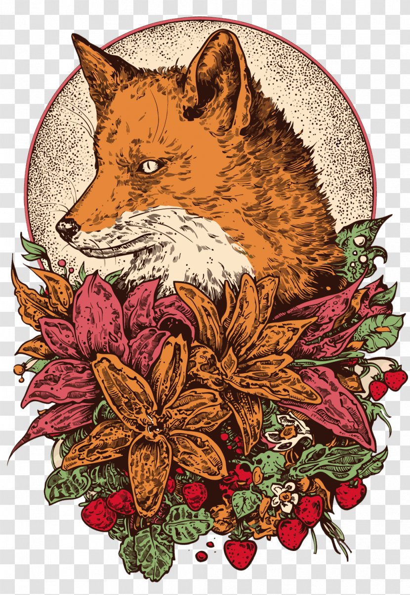 T-shirt Red Fox Hoodie Designer Illustration - Floral Design - Vector Cartoon Transparent PNG