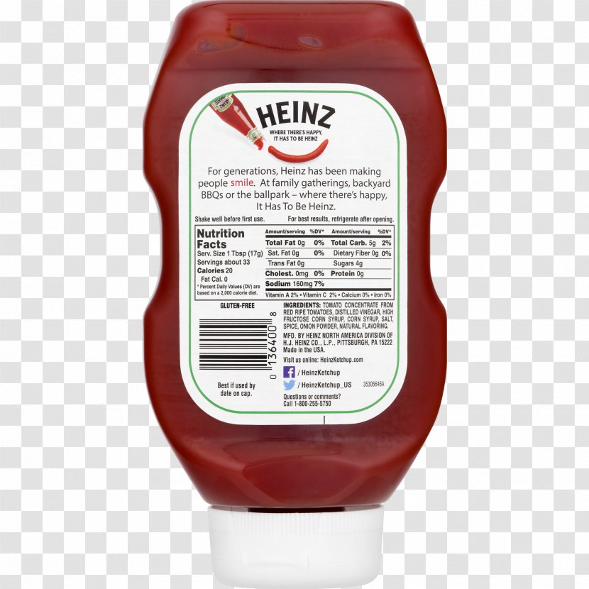 H. J. Heinz Company Sauce Tomato Ketchup Squeeze Bottle - Nutrition Transparent PNG